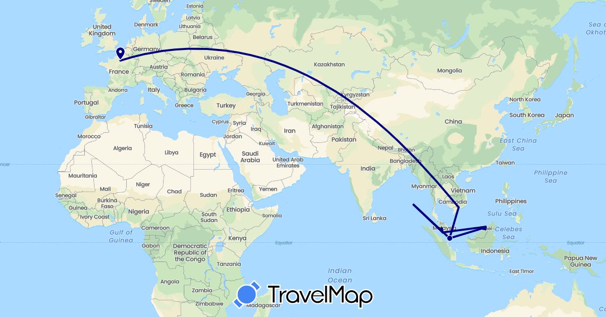 TravelMap itinerary: driving in Brunei, France, India, Malaysia, Singapore, Vietnam (Asia, Europe)